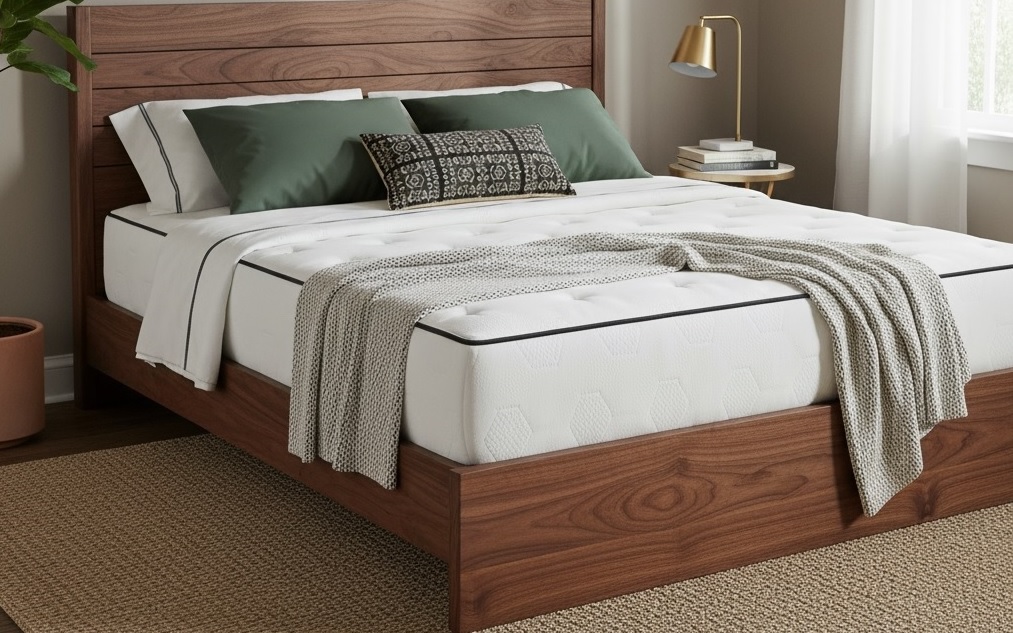 Elegant Walnut Wood Platform Bed with Modern Minimalist Design.
