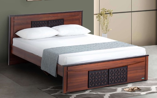Royal Teak Finish Bed with Decorative Headboard & Footboard Panels.