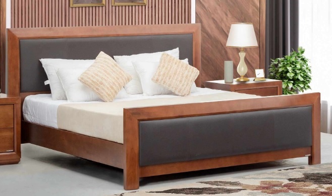 Elegant Wooden King Size Bed with Upholstered Headboard & Footboard.