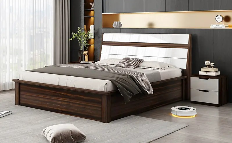 Modern King Size Bed with High Gloss Headboard & Rich Walnut Finish.