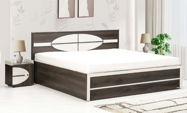 Contemporary King Size Bed with Dual-Tone Finish and Stylish Headboard.