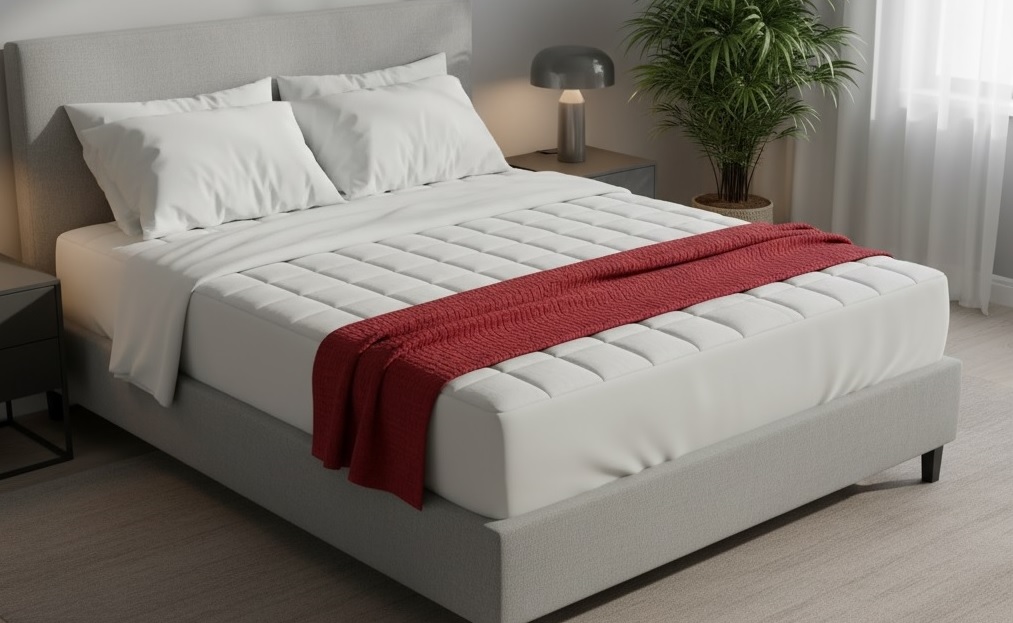 Minimalist Upholstered Bed with Soft Grey Fabric and Modern Design.