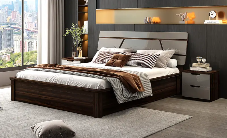 Luxury King Size Bed with Glossy Headboard & Rich Walnut Finish.