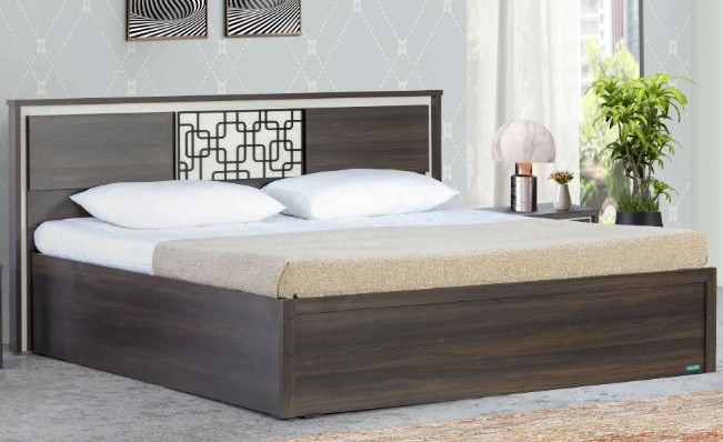 Modern King Size Bed with Designer Headboard and Dark Walnut Finish.