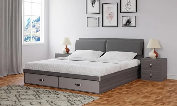 Contemporary Grey King Size Bed with Upholstered Headboard and Storage Drawers.