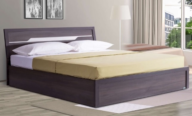 Modern King Size Bed with Sleek Headboard and Dark Walnut Finish.