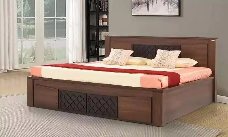 Elegant King Size Bed with Carved Panel Design and Walnut Finish.
