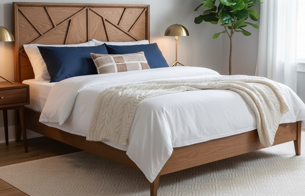 Modern Solid Wood Bed with Geometric Headboard Design.