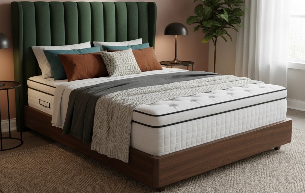 Luxury Upholstered King Size Bed with Velvet Headboard and Wooden Base.