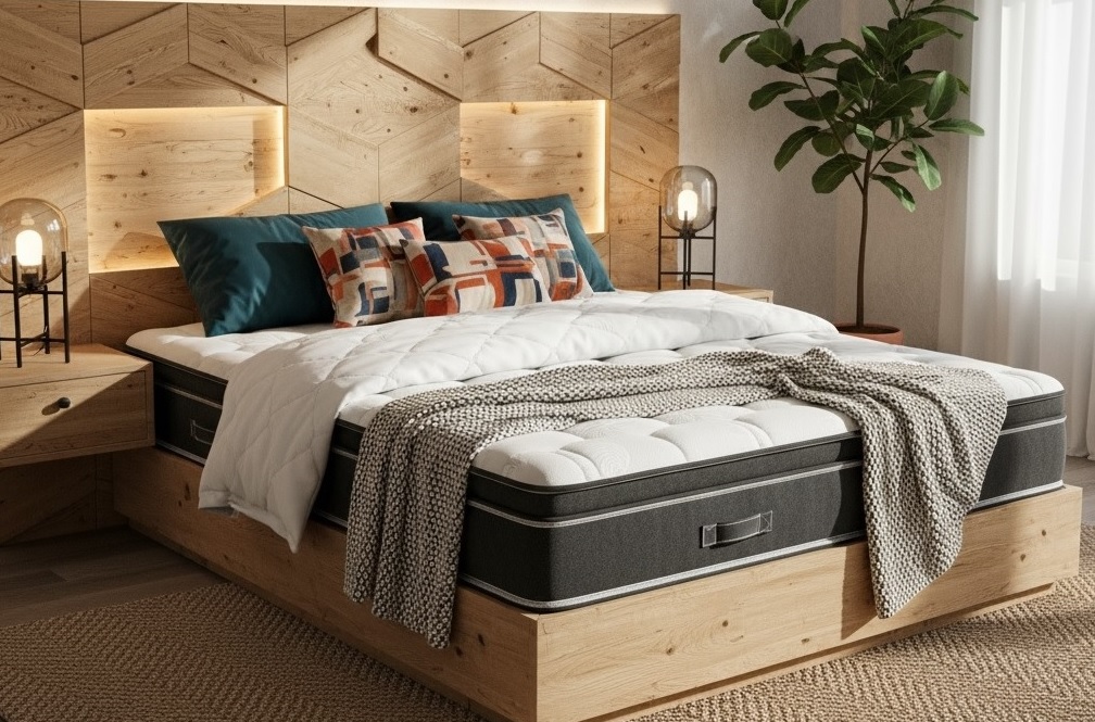 Modern Wooden King Size Bed with LED Backlit Headboard.