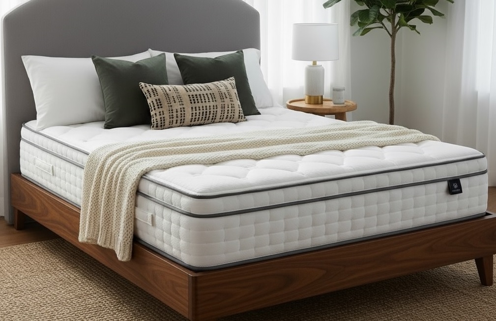 Modern Grey Upholstered Bed with Solid Walnut Finish Frame.