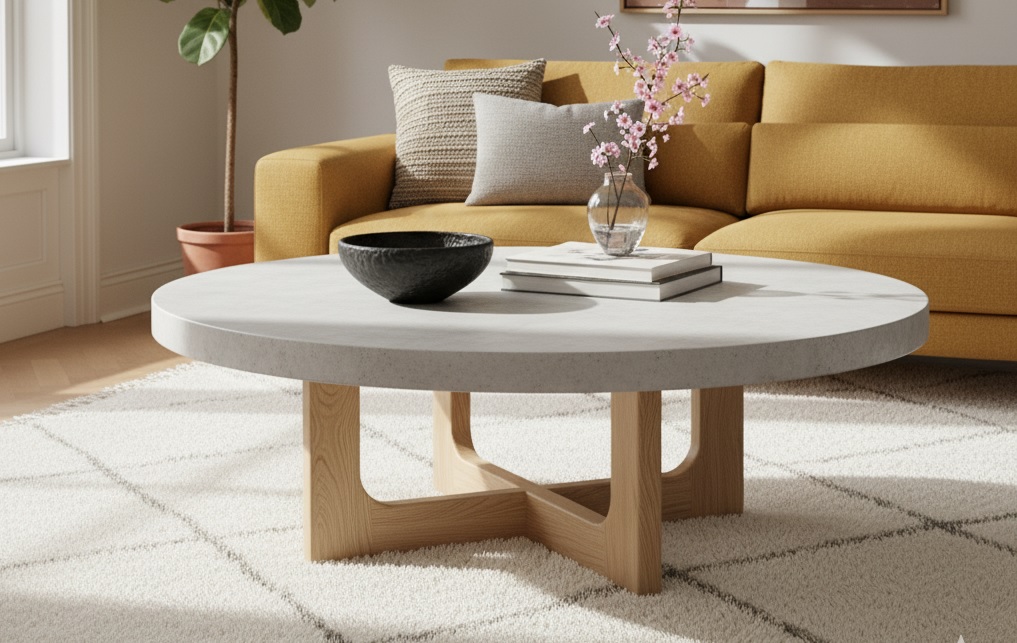 Modern Round Center Table with Concrete Top and Wooden Base.