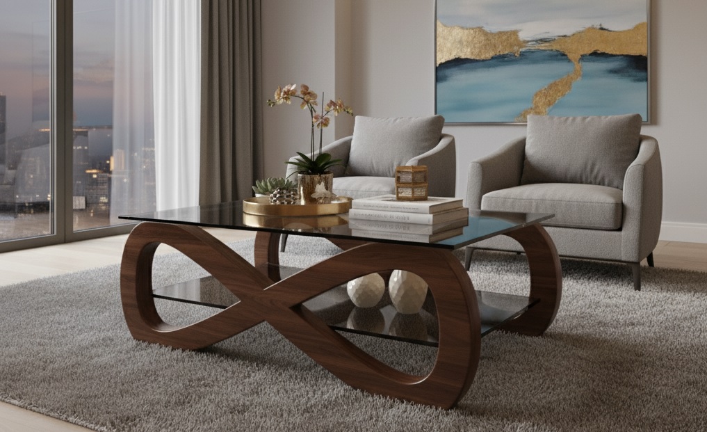Modern Infinity Design Glass Top Coffee Table.