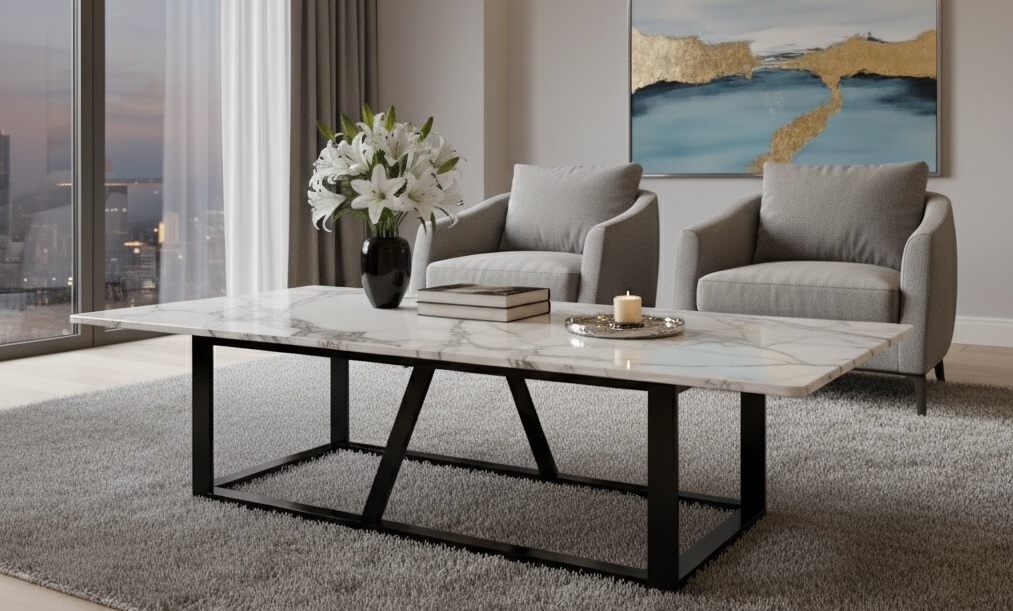 Modern Marble Top Coffee Table with Sleek Black Metal Frame.