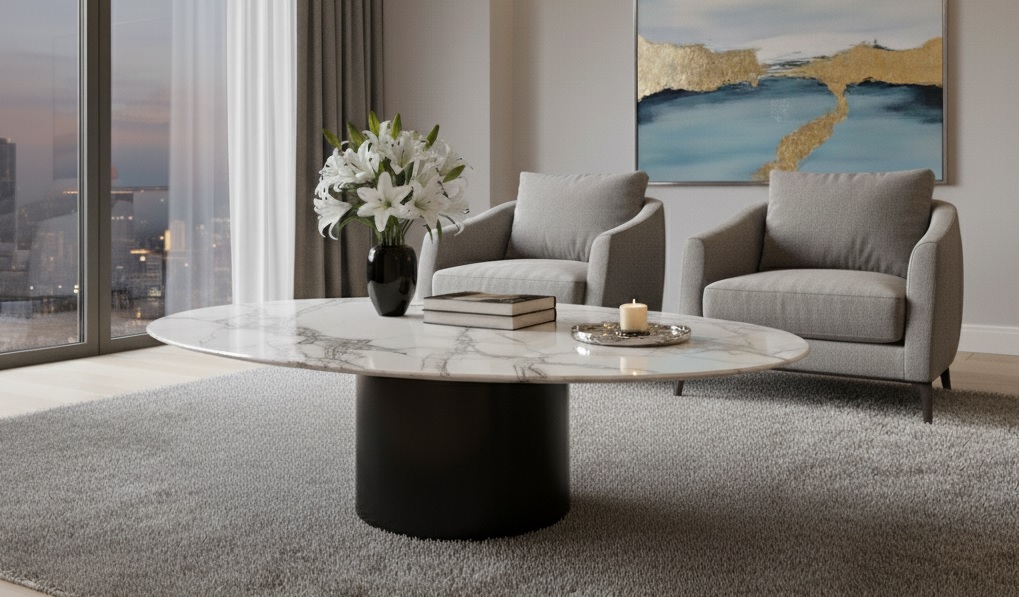Round Marble-Top Coffee Table with Sleek Black Base.