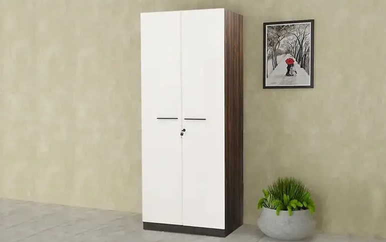 Elegant Two-Door Wardrobe in White and Walnut Finish.