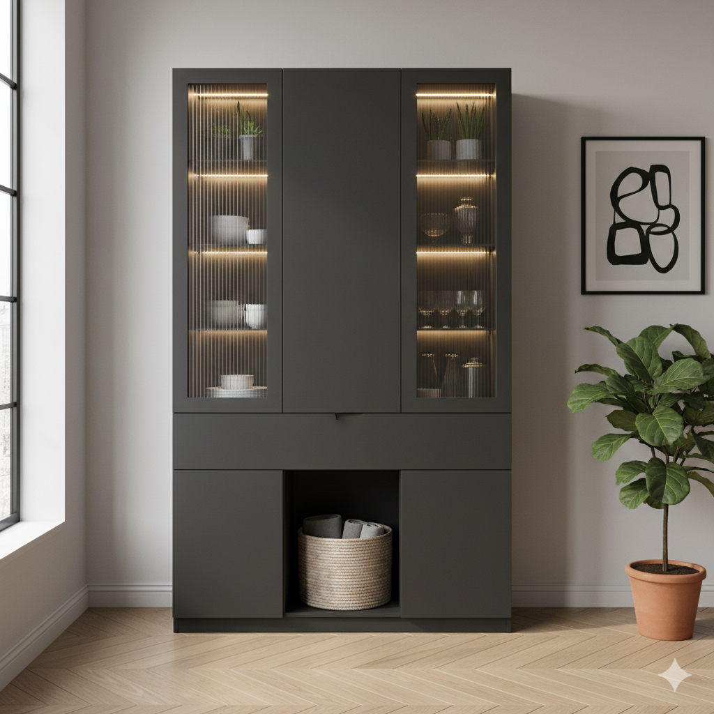Modern Charcoal Display Cabinet with LED Lighting.
