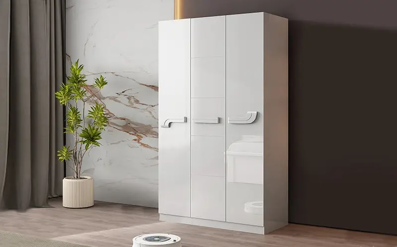 Modern Glossy White 3-Door Wardrobe with Sleek Handles.