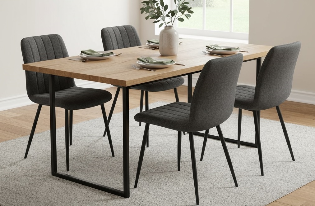 Contemporary Wooden Dining Table Set with Charcoal Upholstered Chairs.