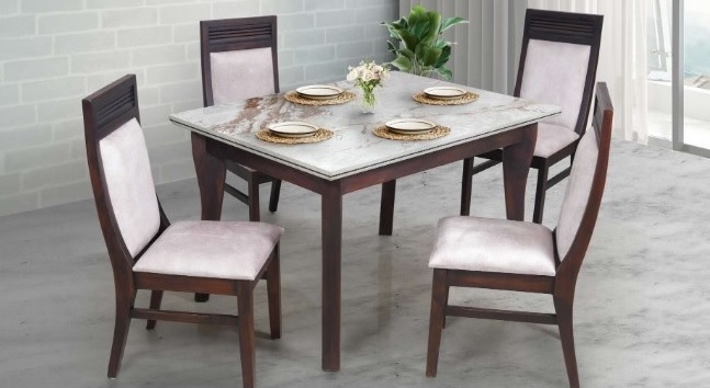 Elegant Marble Top 4-Seater Wooden Dining Table Set.