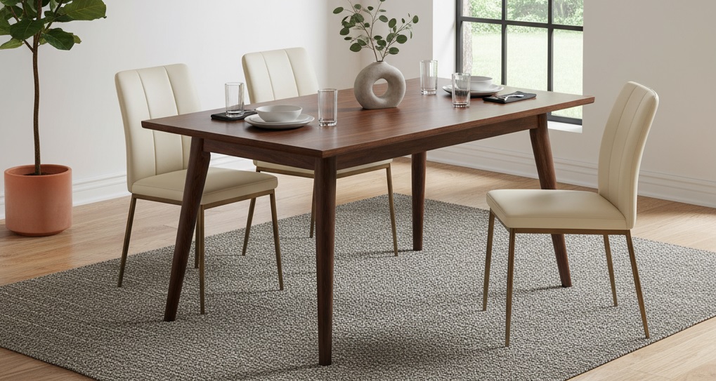 Modern Walnut Finish 4-Seater Dining Table Set with Cream Upholstered Chairs.