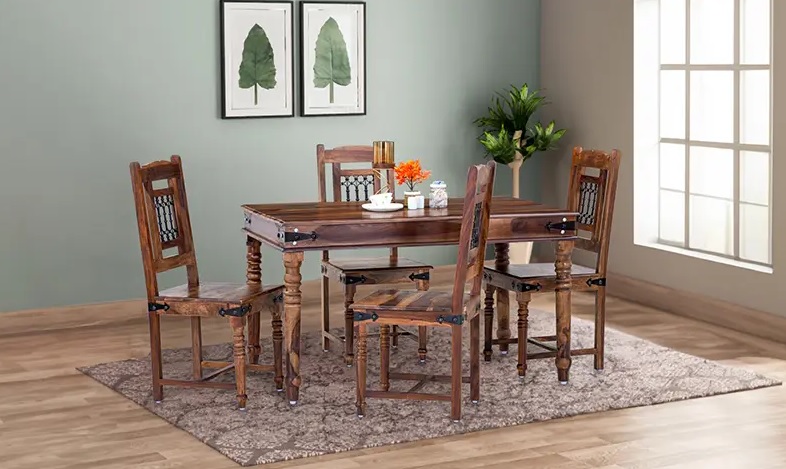 Rustic Sheesham Wood 4-Seater Dining Table Set with Carved Detailing.