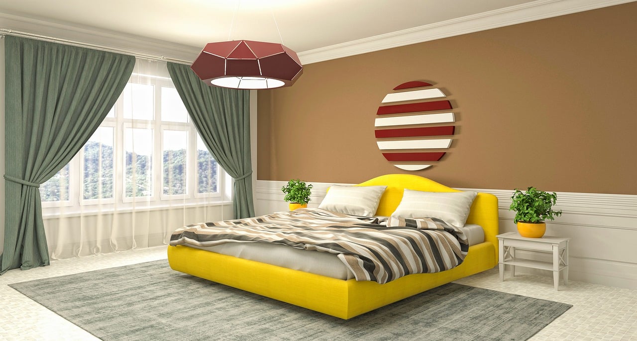 Cheerful Modern Bedroom with Yellow Highlights and Earthy Tones.