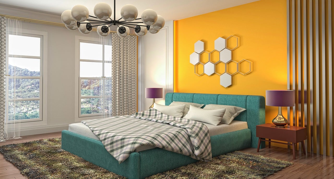 Vibrant Contemporary Bedroom with Yellow Accent Wall.