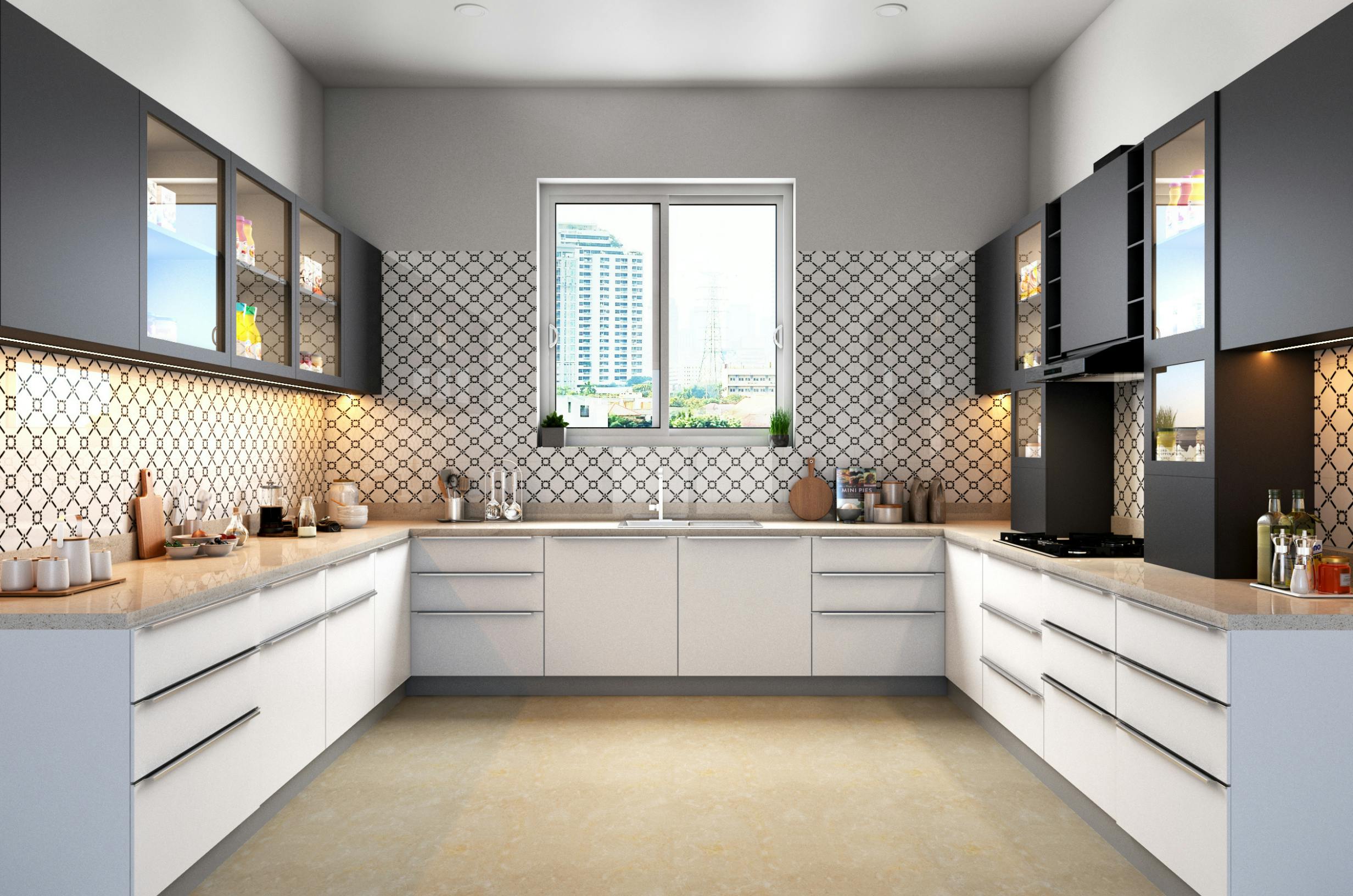 Modern Dual-Tone Kitchen with Sleek Monochrome Patterns.