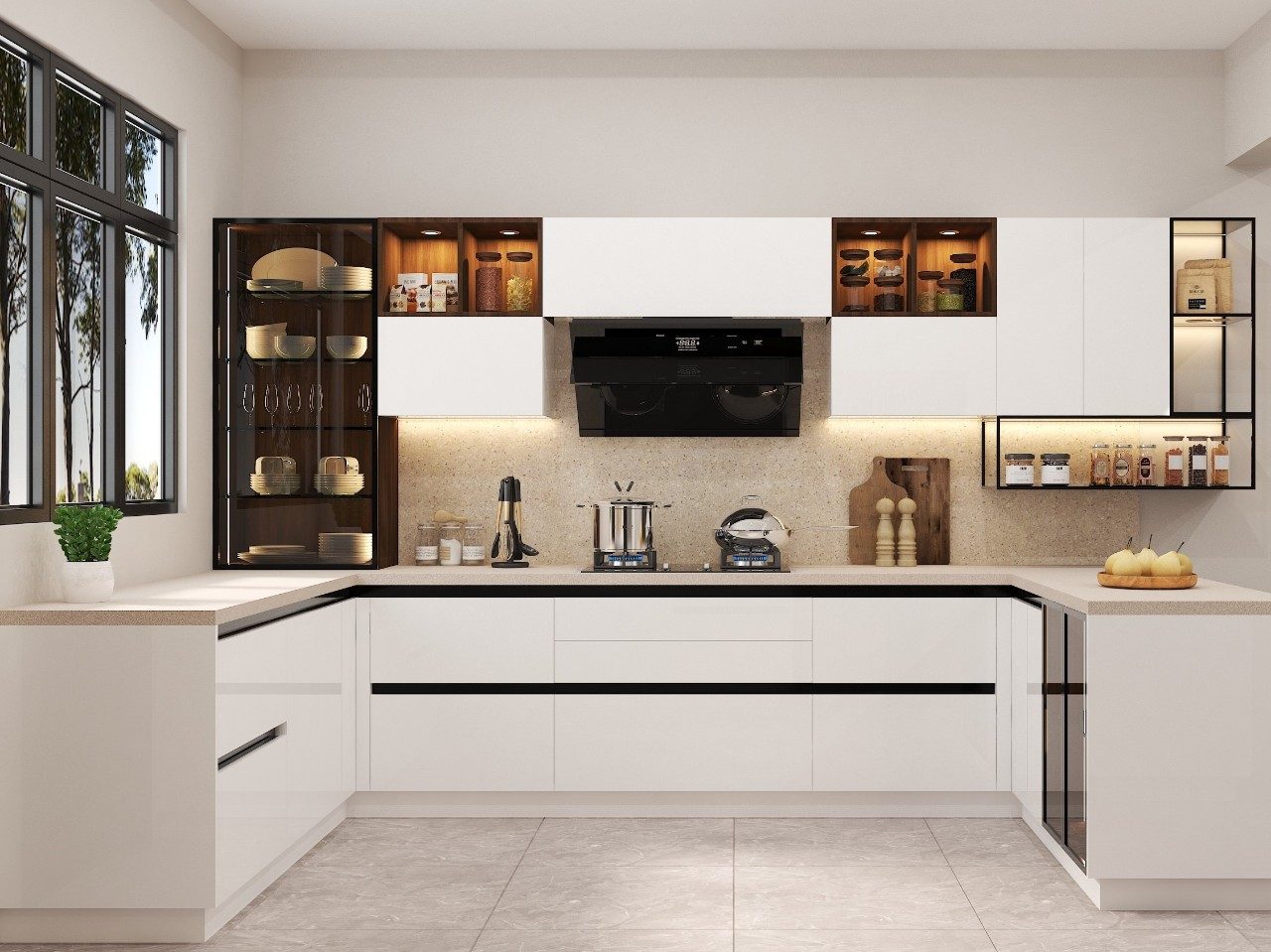 Elegant White & Beige Modular Kitchen with Warm Accents.