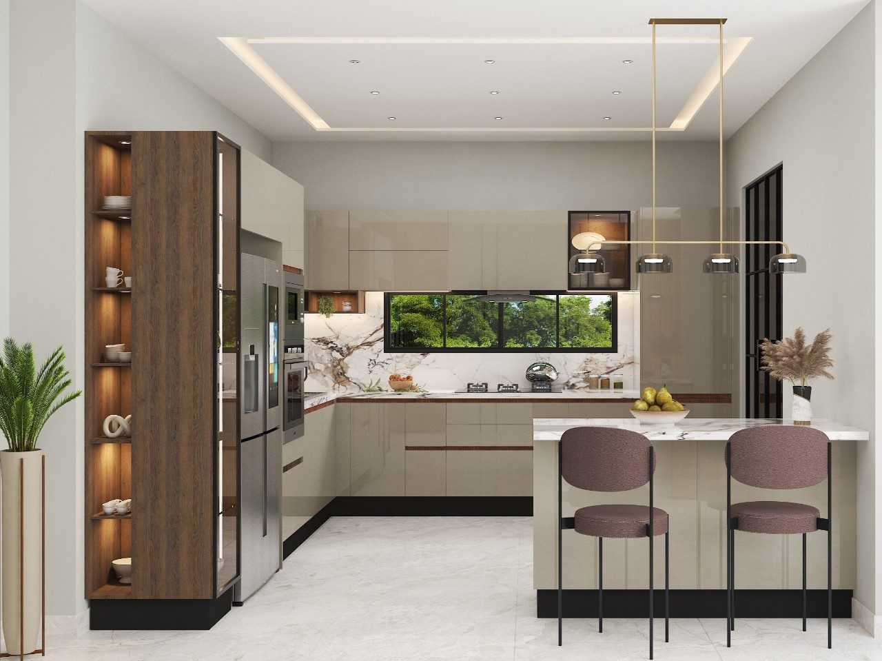 Luxurious Modern Kitchen with Earth-Toned Elegance and Marble.