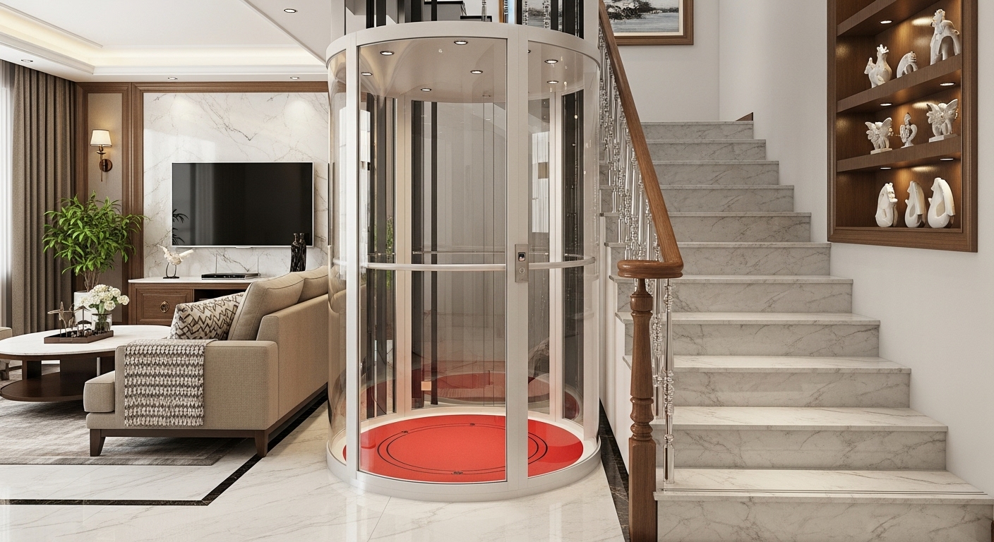 Elegant Living Room with Circular Glass Home Elevator