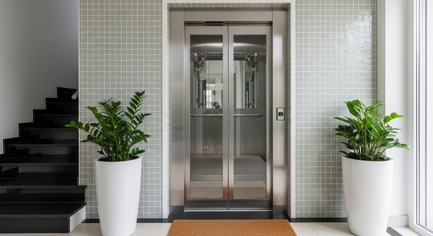 Modern Glass-Door Elevator in Bright Contemporary Lobby