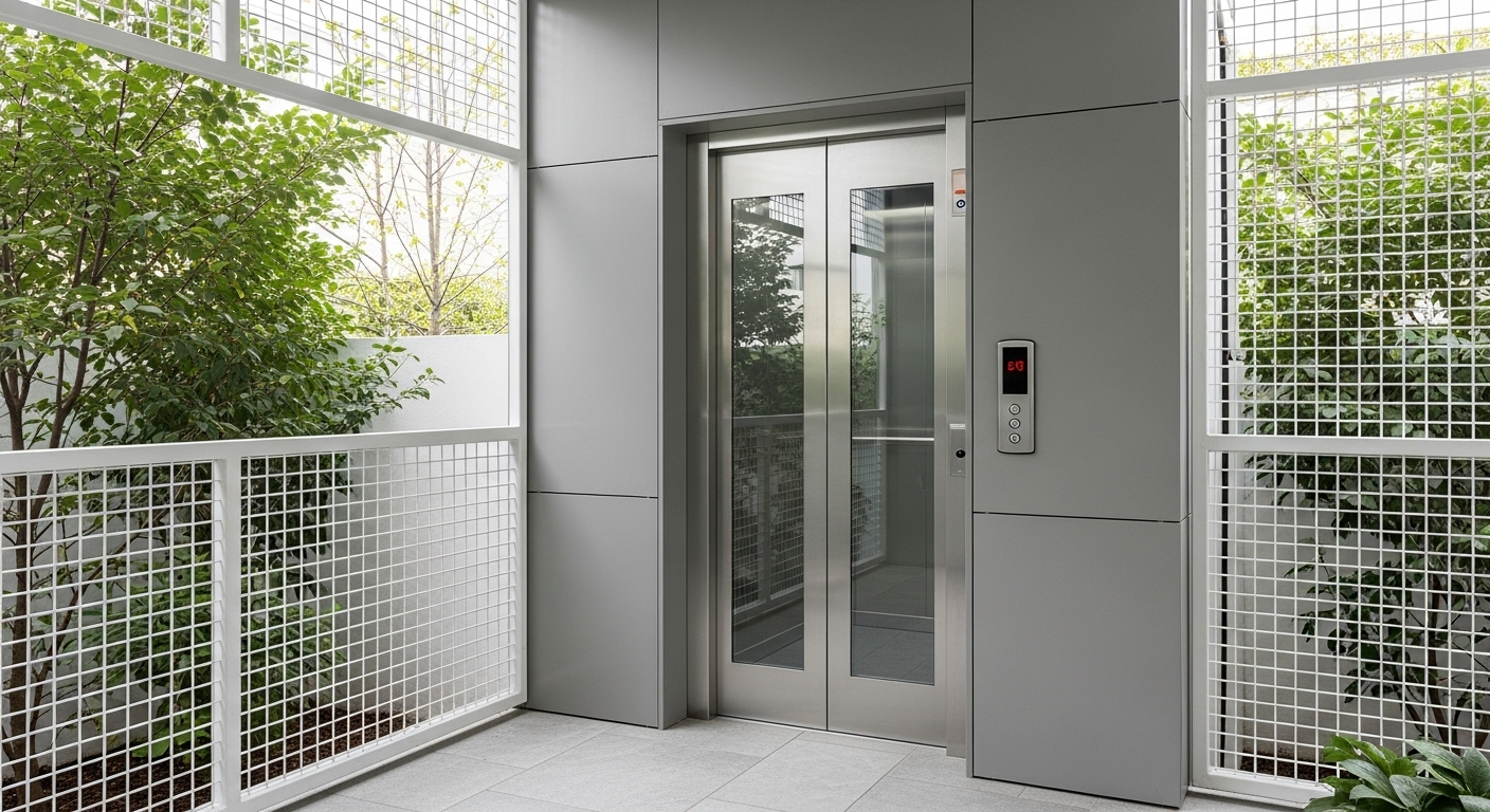 Modern Outdoor Elevator with Glass Doors and Minimalist Design