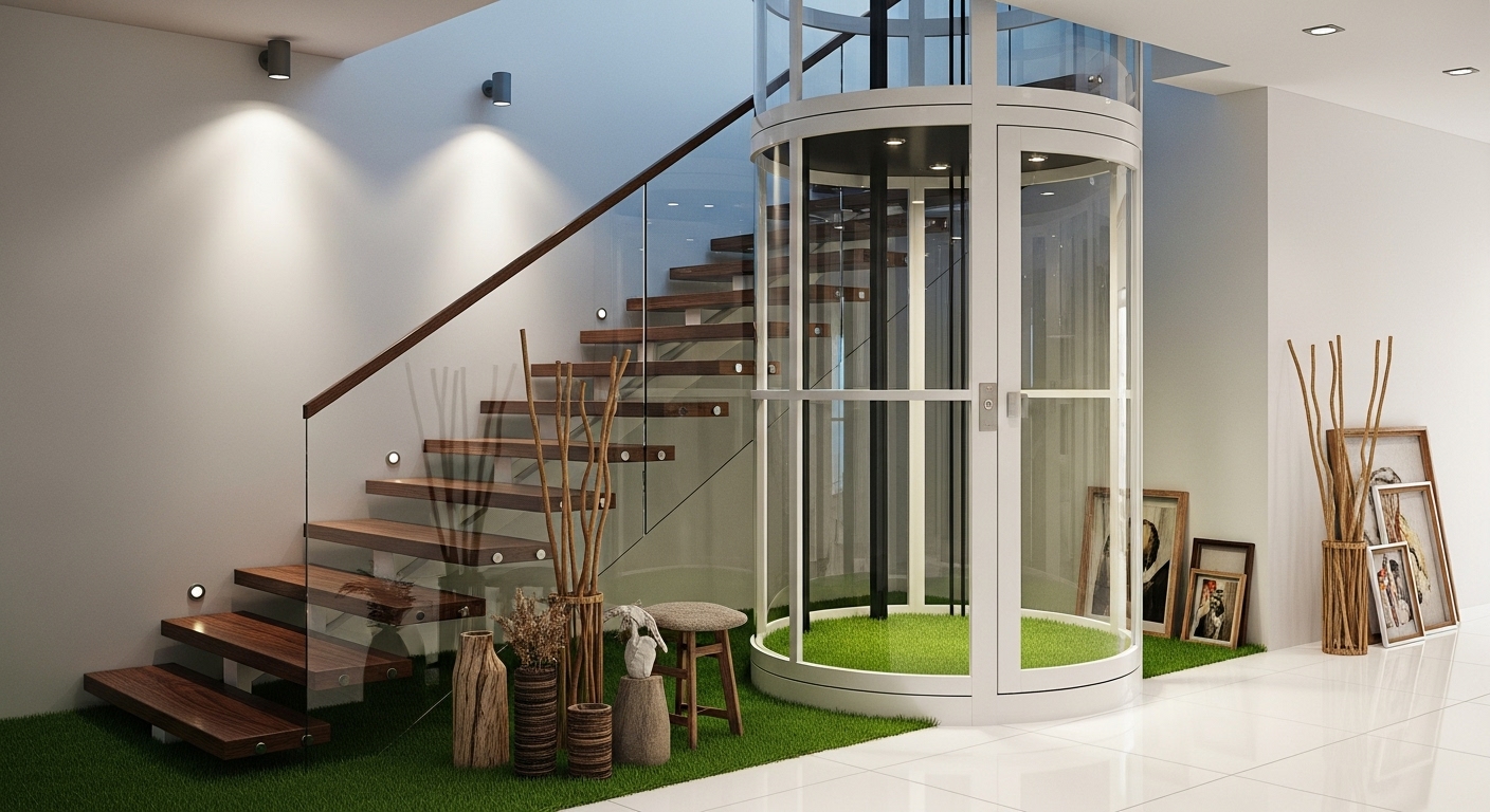 Modern Duplex Interior with Circular Glass Home Elevator