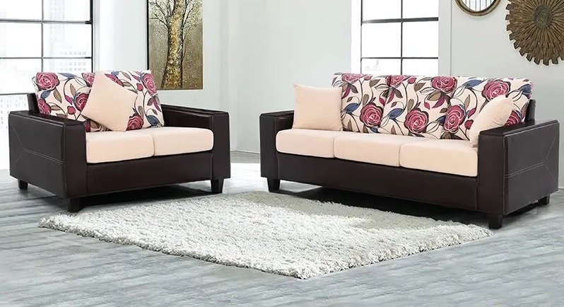Stylish Fabric & Leatherette 3+2 Seater Sofa Set – Floral Cushion Design.