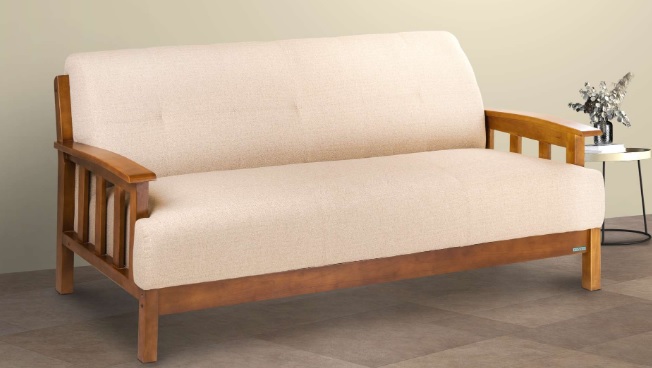 Elegant Wooden Frame 3-Seater Sofa – Beige Fabric Upholstery.