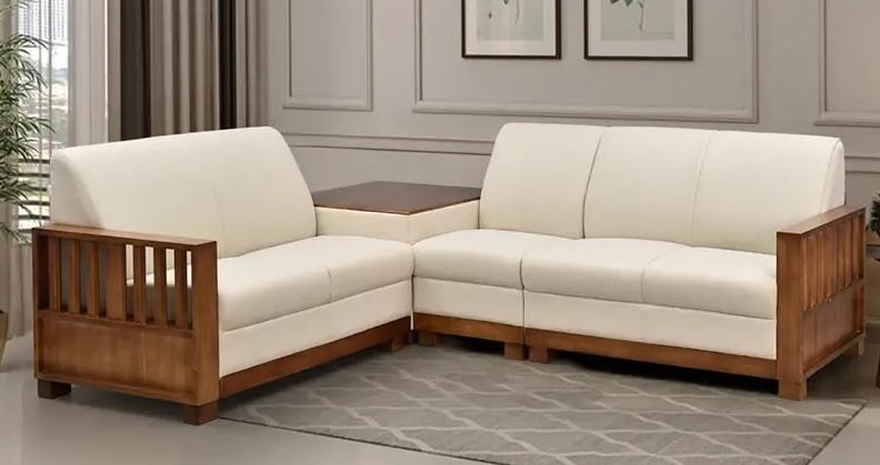 Elegant L-Shaped Wooden Sofa Set with Cream Upholstery.