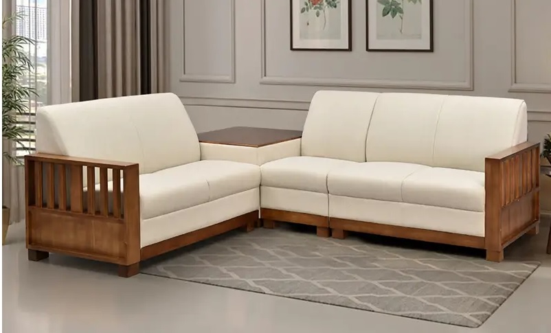 Elegant L-Shaped Wooden Sofa Set with Cream Upholstery.