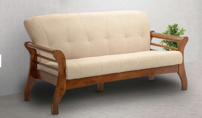 Elegant Wooden Frame 3-Seater Fabric Sofa – Beige Comfort Design.