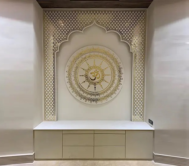Elegant Wall-Mounted Pooja Unit with Intricate Golden Jaali & Om Design.