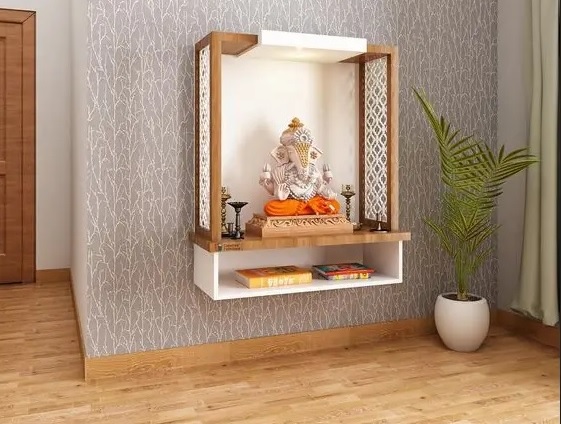Compact Wall-Mounted Mandir with Modern Wooden Frame and LED Lighting.