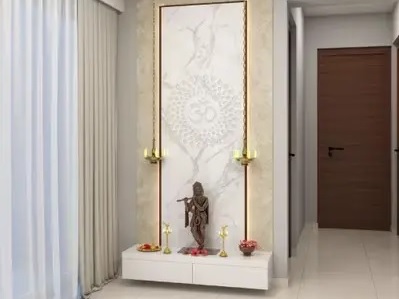 Minimalist Wall-Mounted Mandir with Marble Finish and Hanging Lamps.